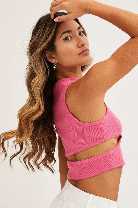 Pink Ribbed Tank Top Crew Neck