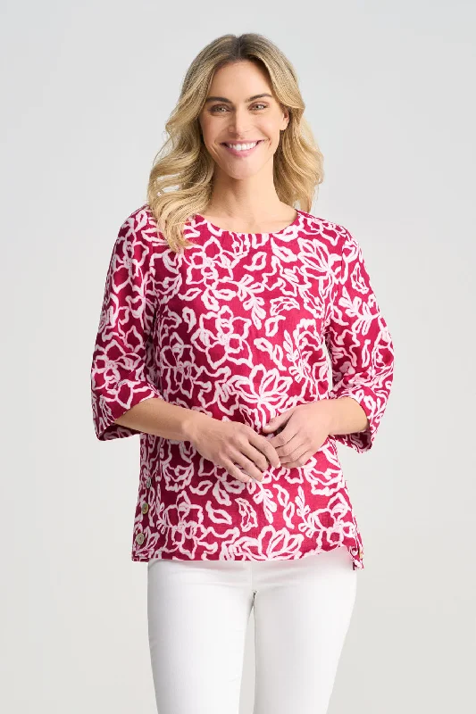 French Linen Button Detail Top - Pink White Floral