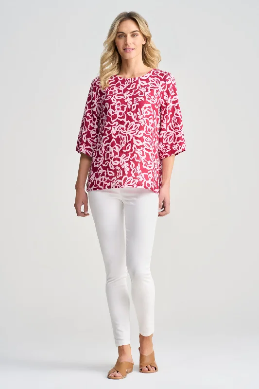 French Linen Button Detail Top - Pink White Floral