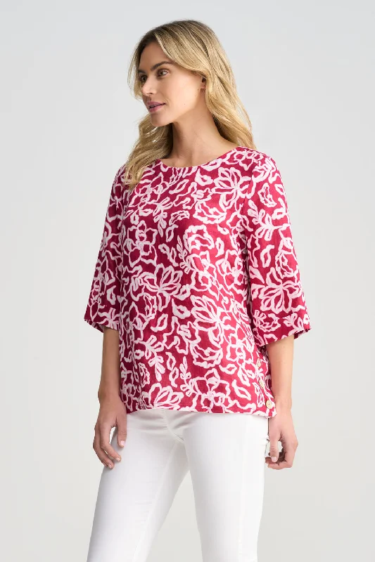 French Linen Button Detail Top - Pink White Floral