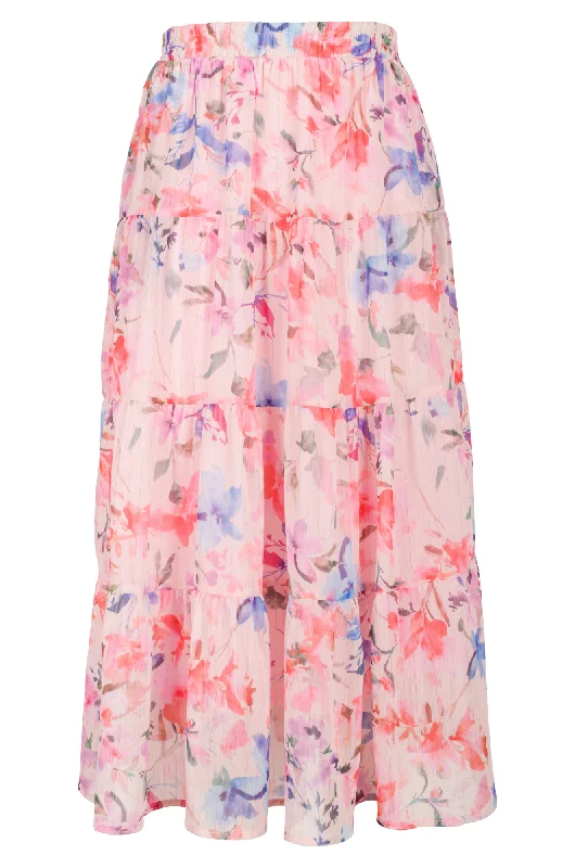 Printed Chiffon Skirt with lining | Pink Blue Garden | 8559AR