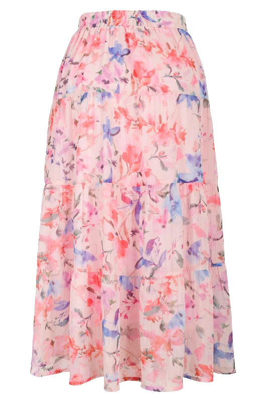 Printed Chiffon Skirt with lining | Pink Blue Garden | 8559AR