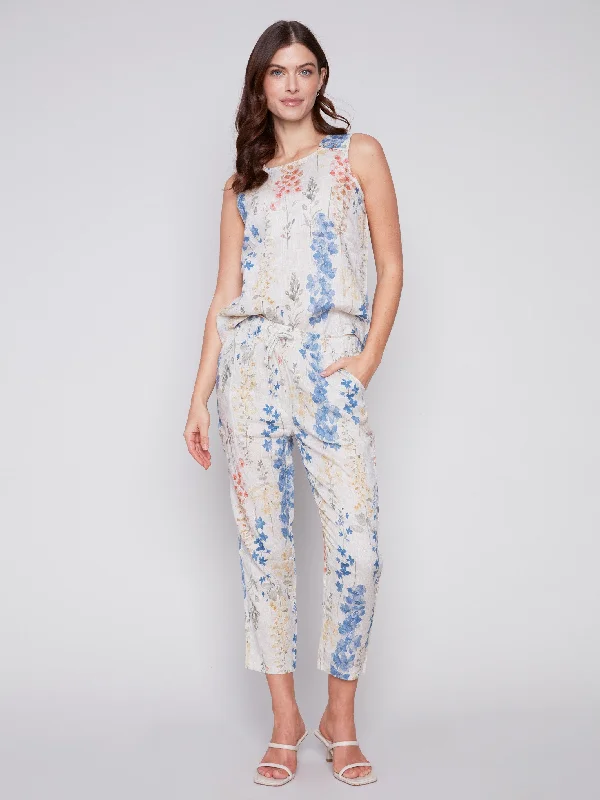 Printed Linen Pull-On Pants - Garden