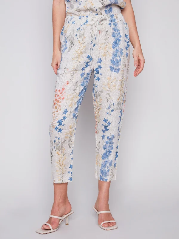 Printed Linen Pull-On Pants - Garden