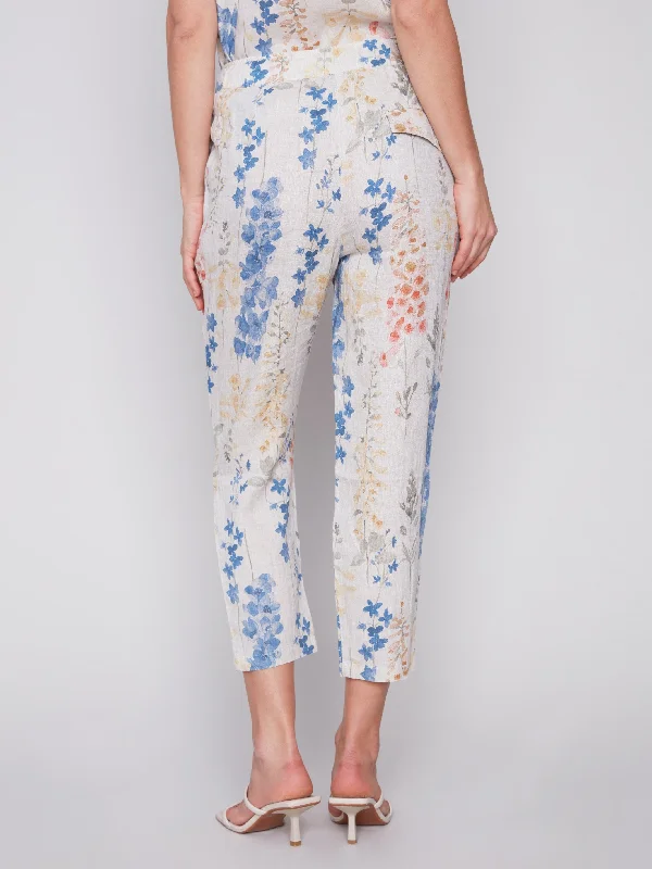 Printed Linen Pull-On Pants - Garden