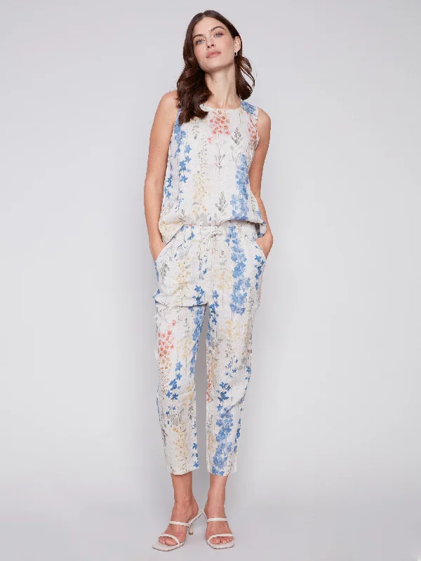 Printed Linen Pull-On Pants - Garden