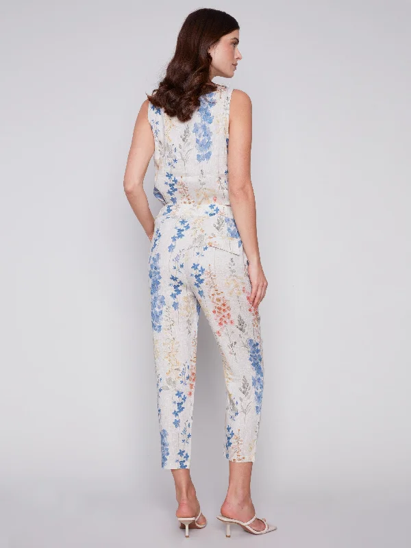 Printed Linen Pull-On Pants - Garden