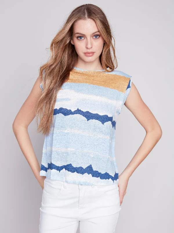 Printed Linen Tank Top with Sleeve Detail - Corn