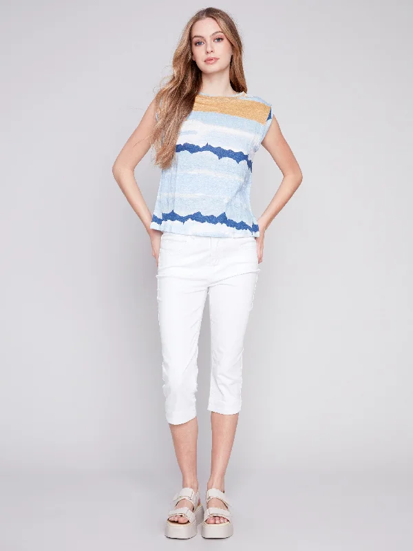 Printed Linen Tank Top with Sleeve Detail - Corn