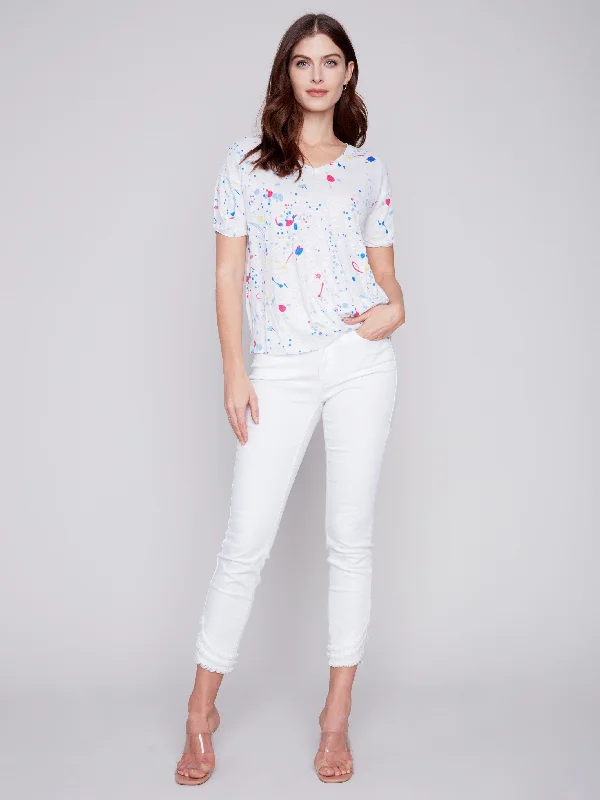 Printed Linen Top with Front Twist Knot - Splash