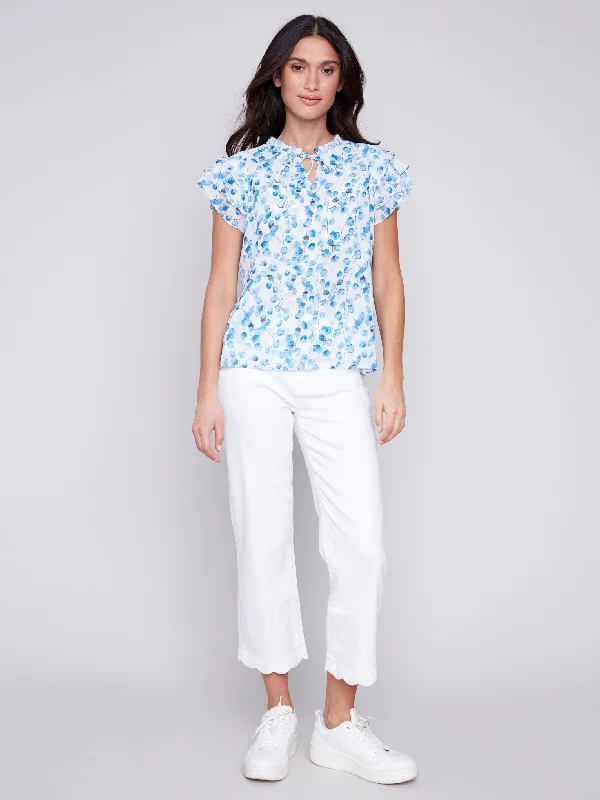 Printed Ruffle Sleeve Chiffon Blouse - Riviera