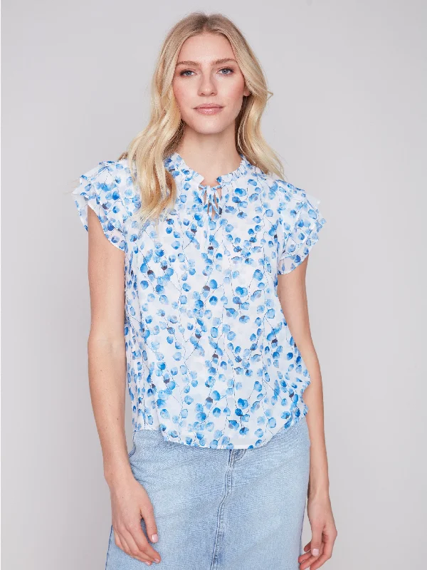 Printed Ruffle Sleeve Chiffon Blouse - Riviera