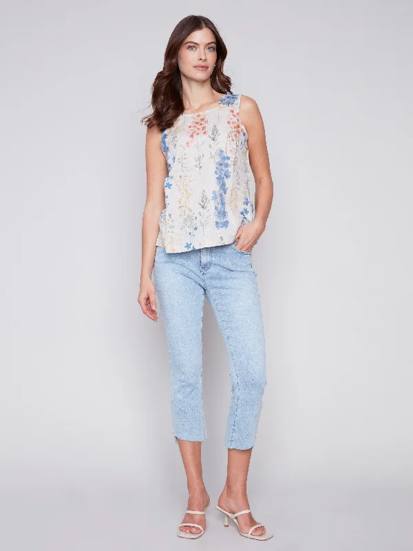 Printed Sleeveless Linen Top with Button Detail - Garden