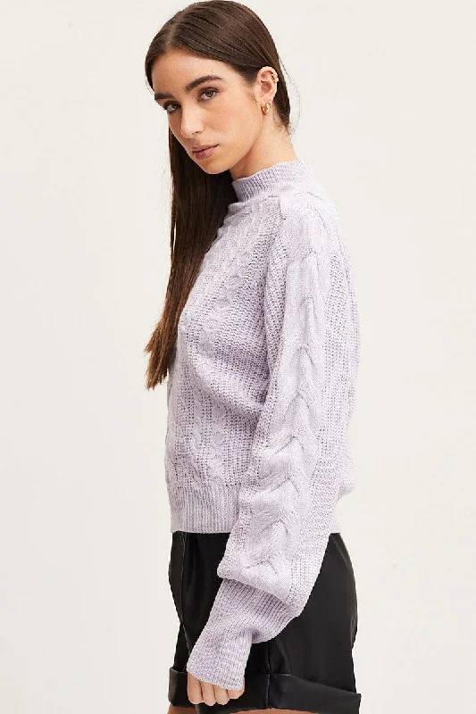 Purple Knit Top Long Sleeve Relaxed Turtleneck Cable