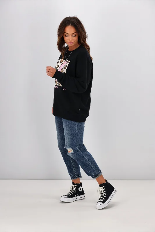 Rebel Club By Shine On Cheetah Bolt Crew Neck Sweat Jet Black