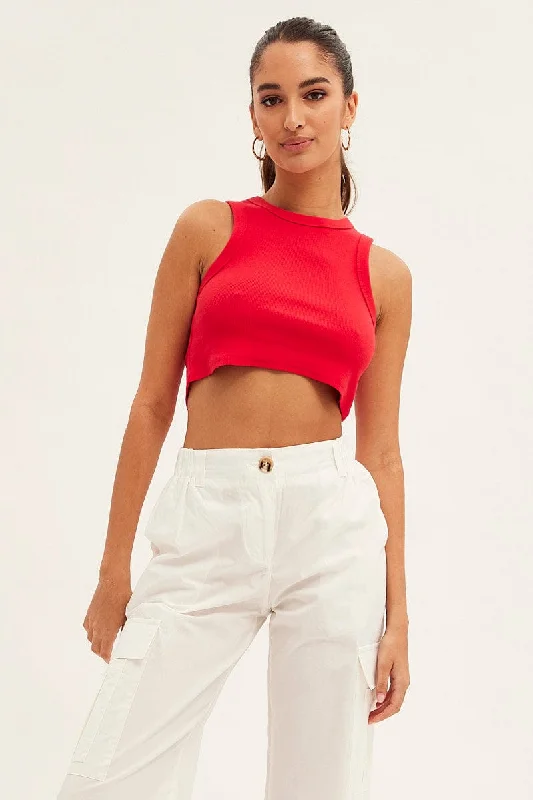 Red Tank Top Sleeveless Crew Neck