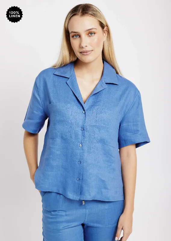 Revere Collar Linen Shirt in Blue