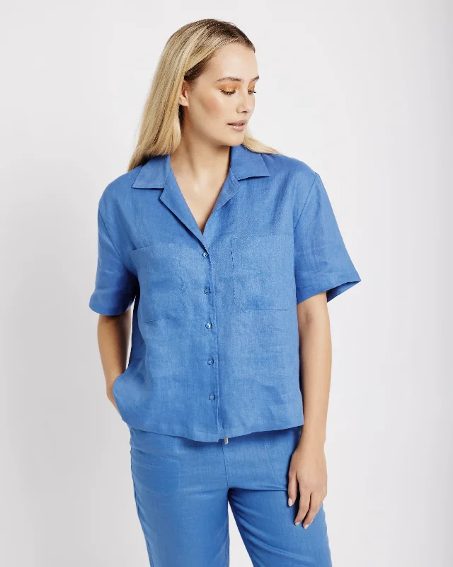 Revere Collar Linen Shirt in Blue