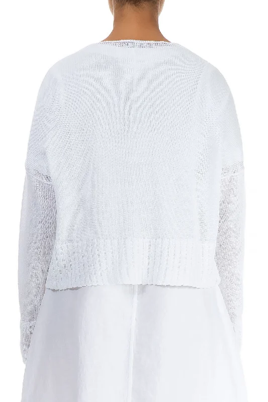 Ribbed Hem White Linen Cardigan