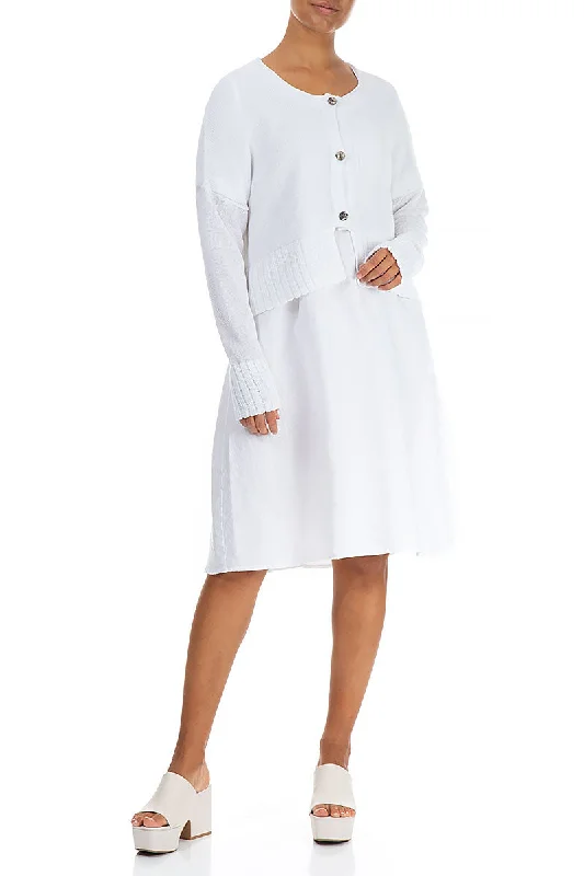 Ribbed Hem White Linen Cardigan