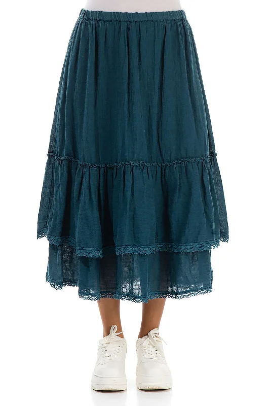 Ruffled Dark Teal Gauze Linen Skirt