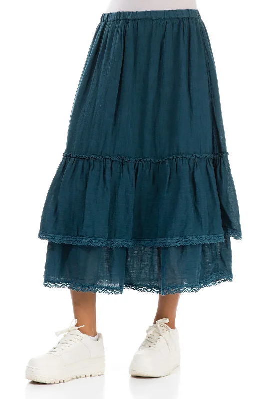 Ruffled Dark Teal Gauze Linen Skirt