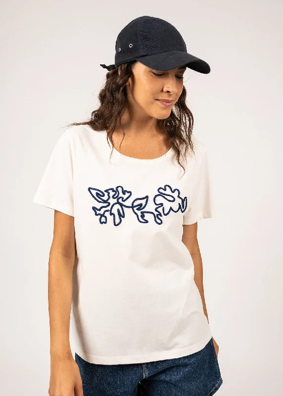 SANDY - Tee with Embossed Flower Embroidery | 100% Cotton (IVORY / INDIGO)