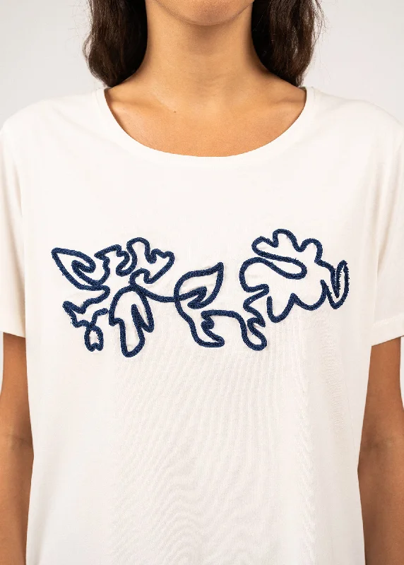 SANDY - Tee with Embossed Flower Embroidery | 100% Cotton (IVORY / INDIGO)