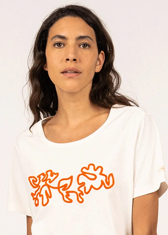 SANDY - Tee with Embossed Flower Embroidery | 100% Cotton (IVORY / NEON ORANGE)