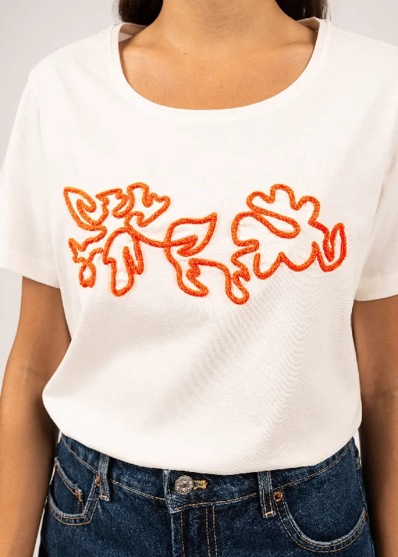 SANDY - Tee with Embossed Flower Embroidery | 100% Cotton (IVORY / NEON ORANGE)