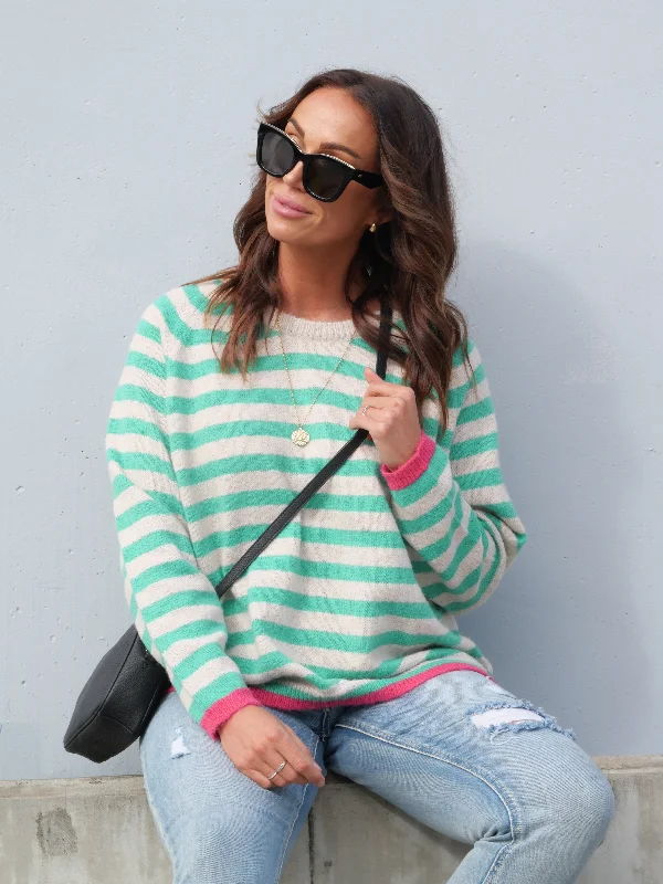 Shine On Label Georgie Striped Colour Pop Jumper Green Oatmeal Stripe