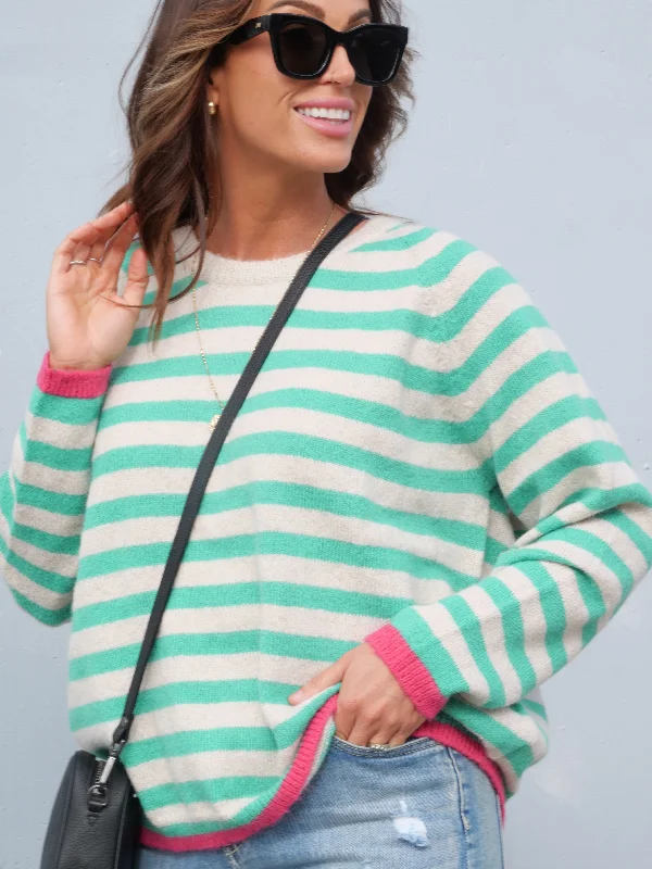 Shine On Label Georgie Striped Colour Pop Jumper Green Oatmeal Stripe