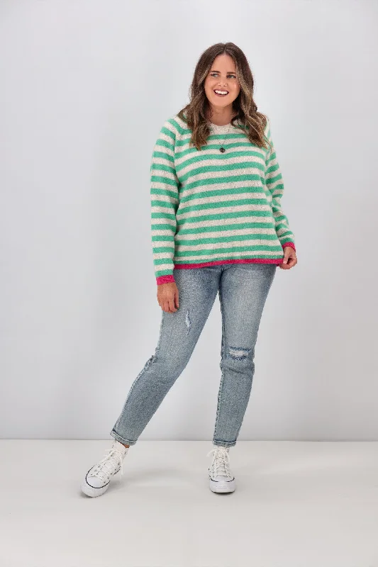 Shine On Label Georgie Striped Colour Pop Jumper Green Oatmeal Stripe