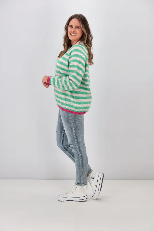 Shine On Label Georgie Striped Colour Pop Jumper Green Oatmeal Stripe