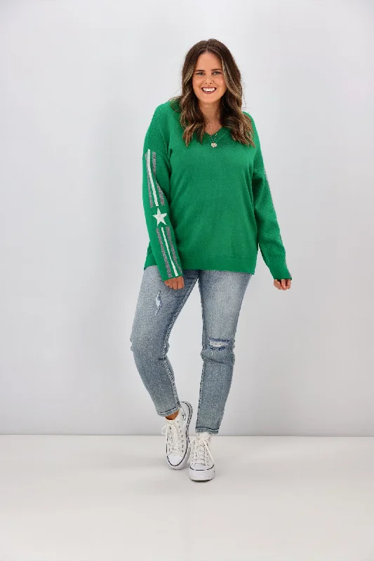 Shine On Label Micah Star Stripe Sleeve Jumper Emerald