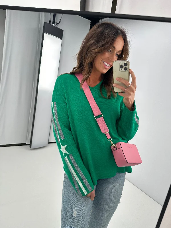 Shine On Label Micah Star Stripe Sleeve Jumper Emerald