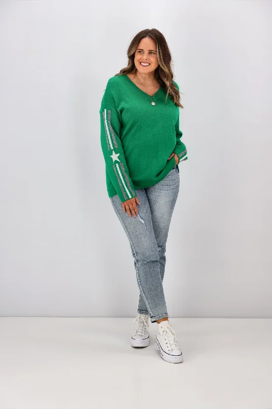 Shine On Label Micah Star Stripe Sleeve Jumper Emerald