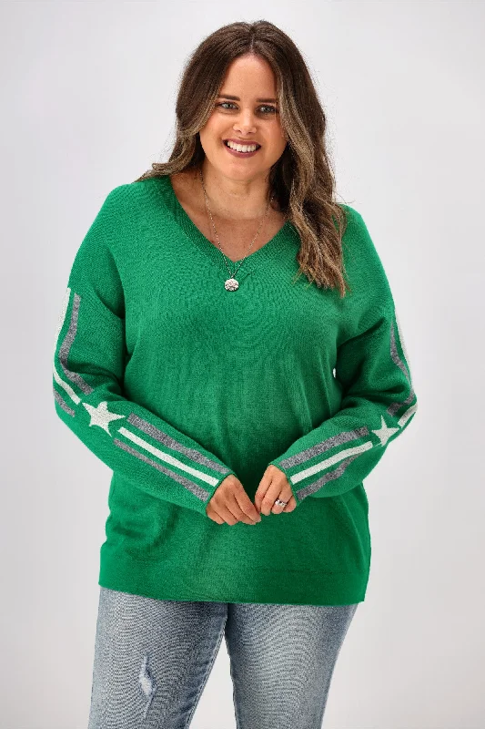 Shine On Label Micah Star Stripe Sleeve Jumper Emerald