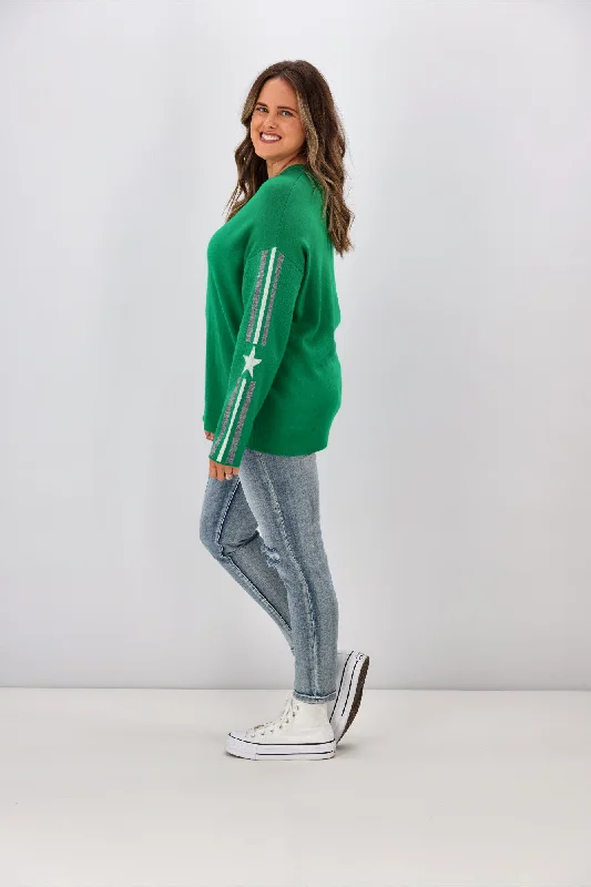 Shine On Label Micah Star Stripe Sleeve Jumper Emerald