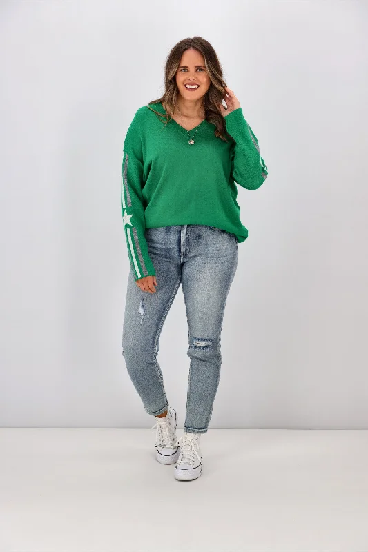 Shine On Label Micah Star Stripe Sleeve Jumper Emerald