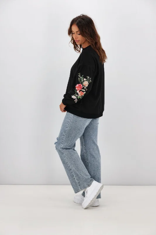 Shine On Label Rosetta Embroidered Sleeve Crew Black