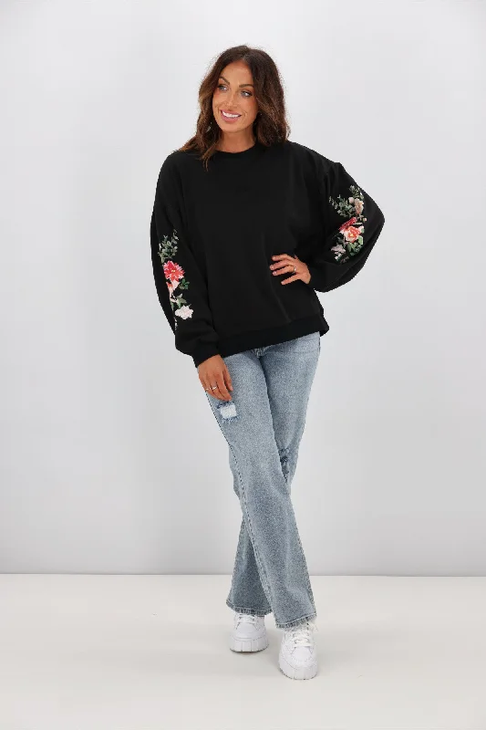 Shine On Label Rosetta Embroidered Sleeve Crew Black