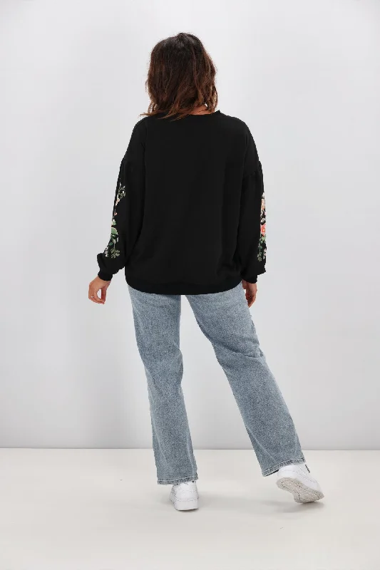 Shine On Label Rosetta Embroidered Sleeve Crew Black