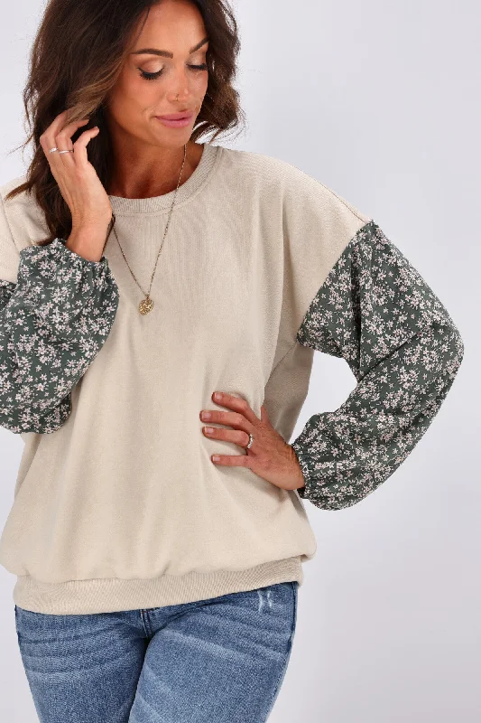 Shine On label Sabine Floral Sleeve Crew Top Oatmeal