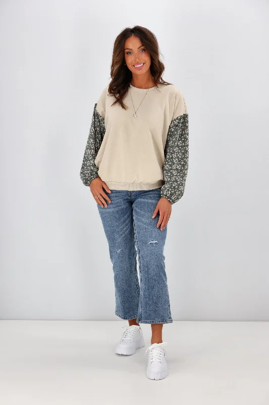 Shine On label Sabine Floral Sleeve Crew Top Oatmeal