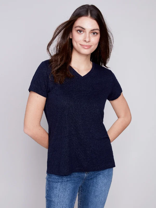 V-Neck Linen T-Shirt - Navy