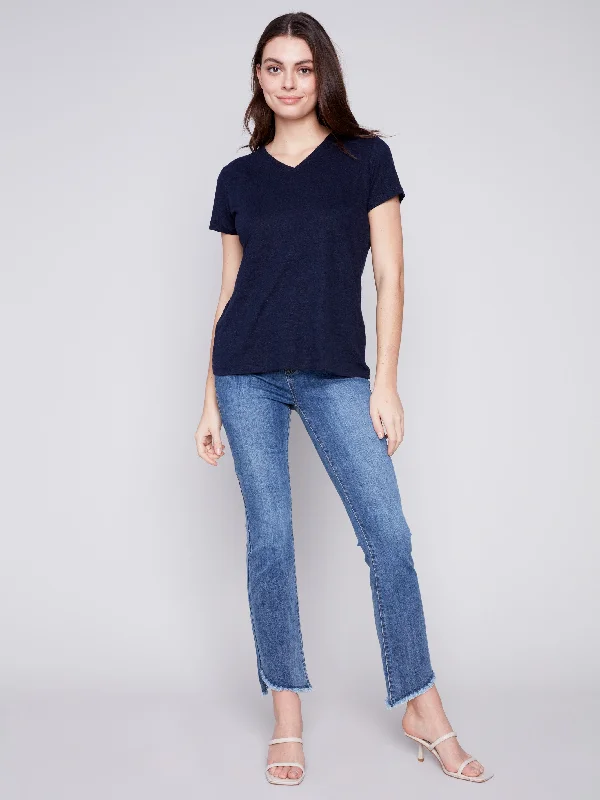 V-Neck Linen T-Shirt - Navy