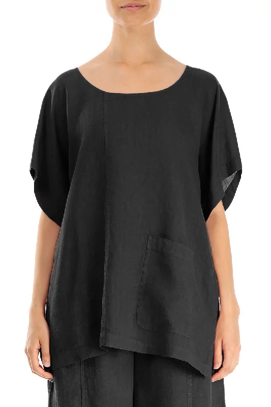 Short Sleeves Black Linen Blouse