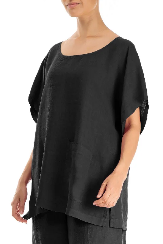 Short Sleeves Black Linen Blouse