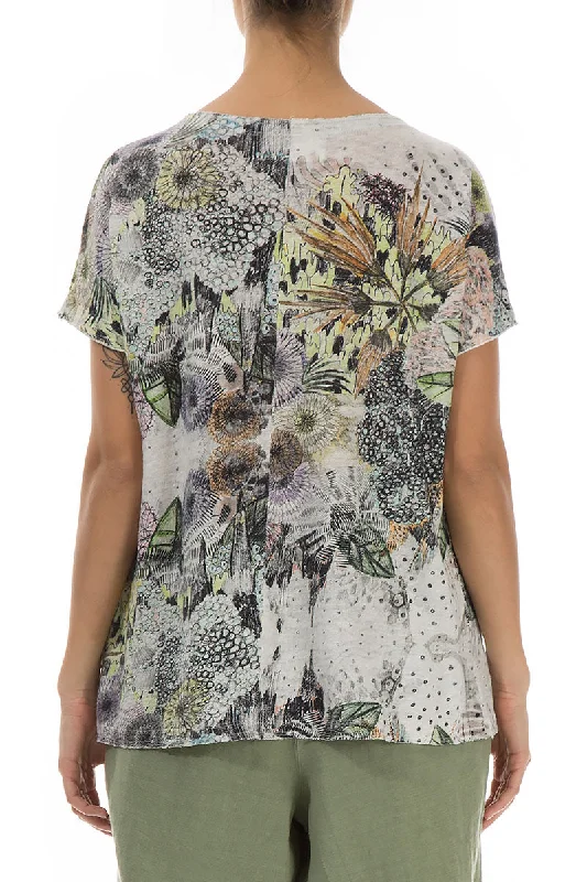 Short Sleeves Botanical Linen Jersey Top